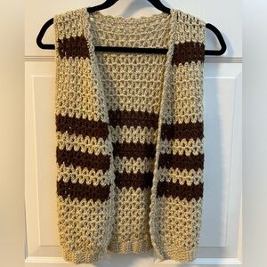 70’s Handmade Crocheted Vest Tan Brown Stripes Neutral Fall Layering Sm EUC VTG